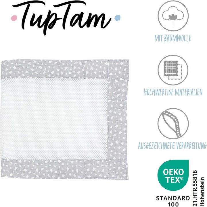 TupTam Gitterstäbe Schutz Netz Babybett Nestchen 3D Mesh 2 Pack, Farbe: Sterne Grau, Grösse: ca. 128
