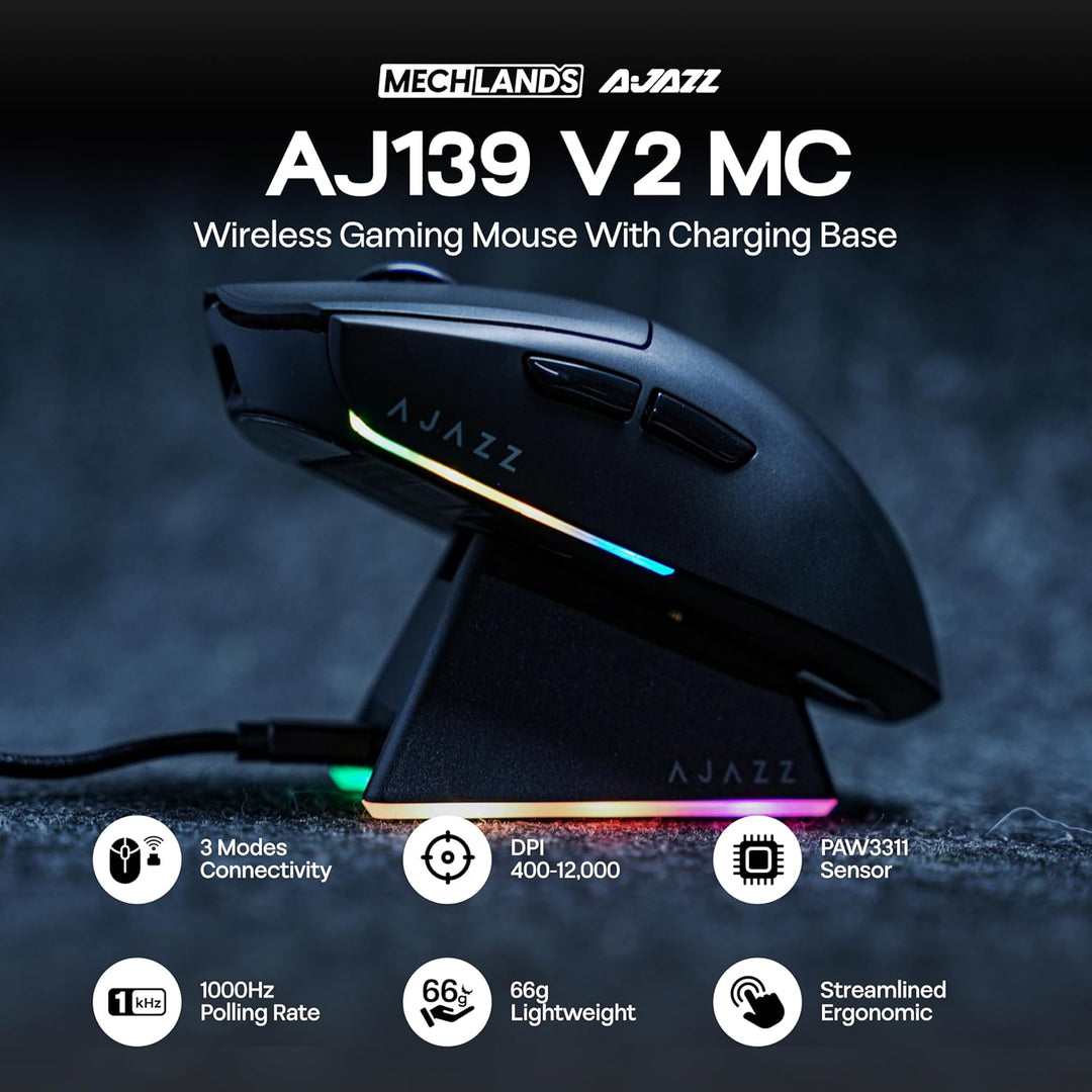 MechLands AJ139 V2 MC Gaming-Maus mit Ladestation, einstellbare 12000 DPI, PAW3311-Sensor, 3 Modi, k