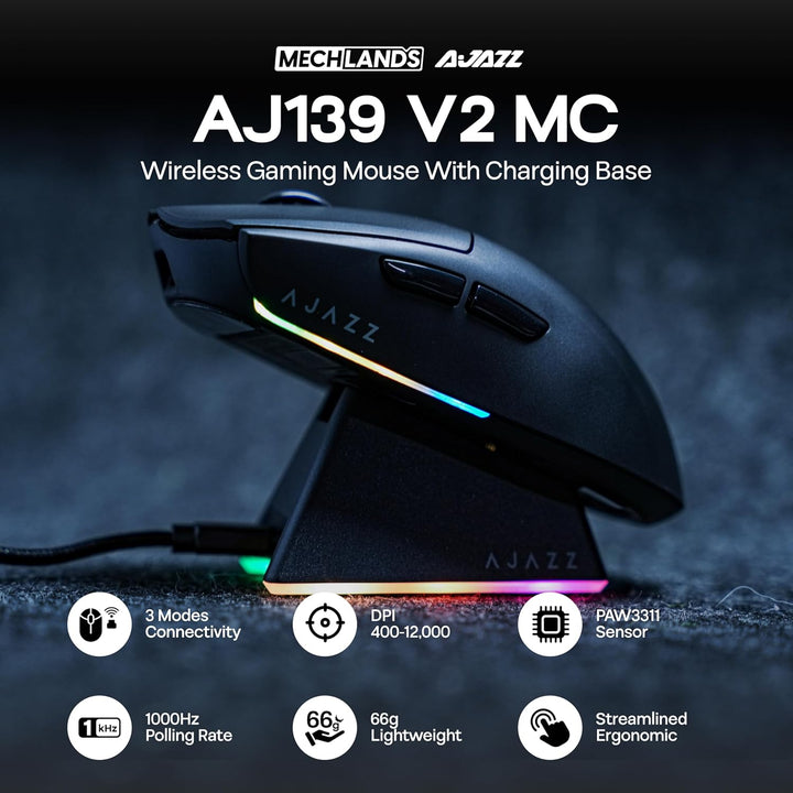 MechLands AJ139 V2 MC Gaming-Maus mit Ladestation, einstellbare 12000 DPI, PAW3311-Sensor, 3 Modi, k