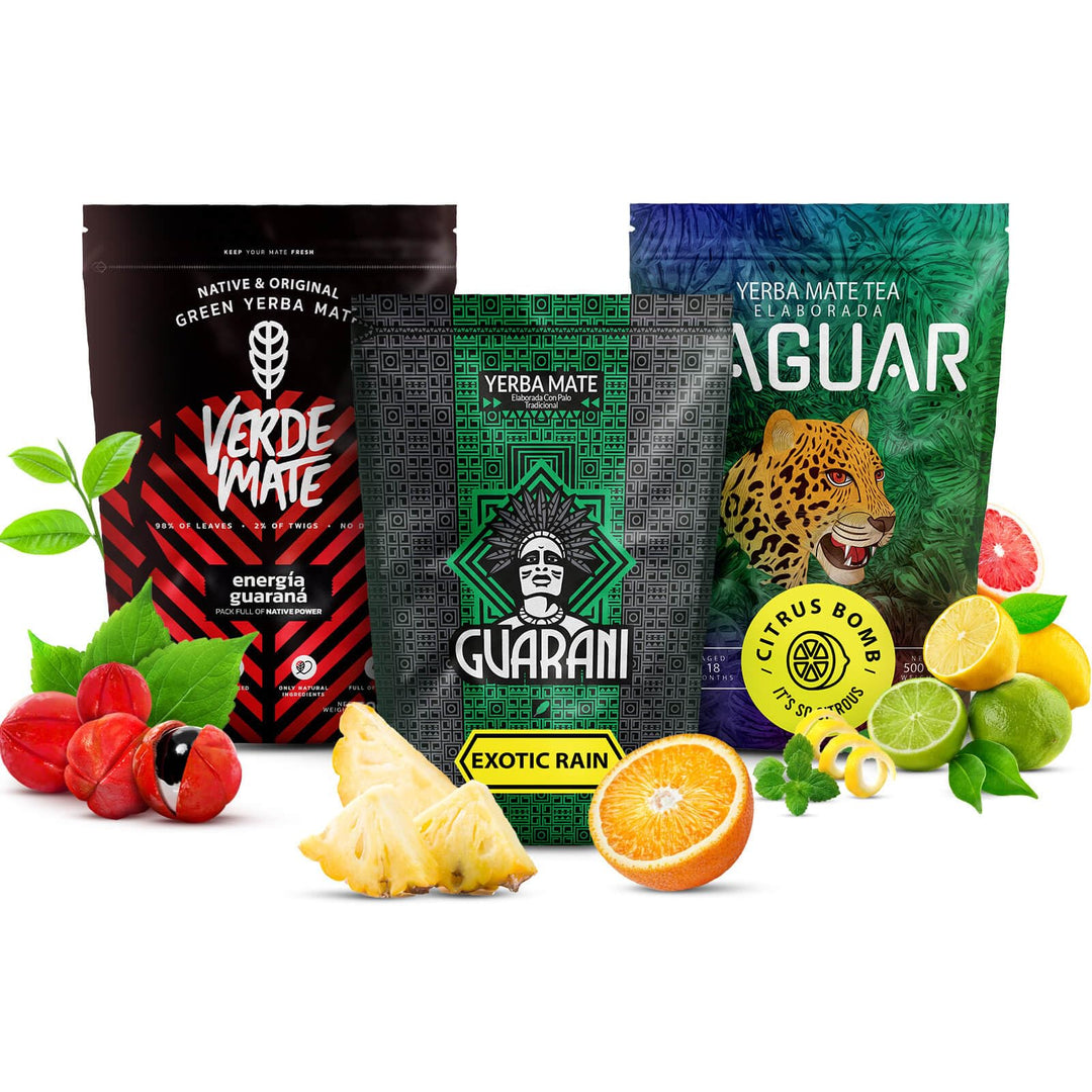 Verde Mate Yaguar und Guarani Mate Tee Set 1,5kg - Yerba Mate Fruchtmix 3x500g - 5mm Blätter, Luftge