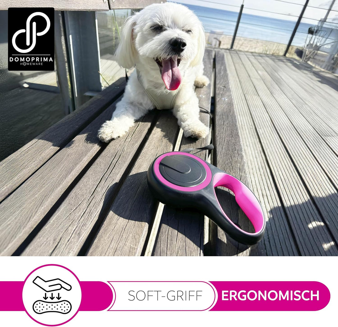 DOMOPRIMA Flexible Hundeleine 5 Meter, 3 Grössen (S,M,L), 4 Farben (grau, blau, grün, pink) - Rollle