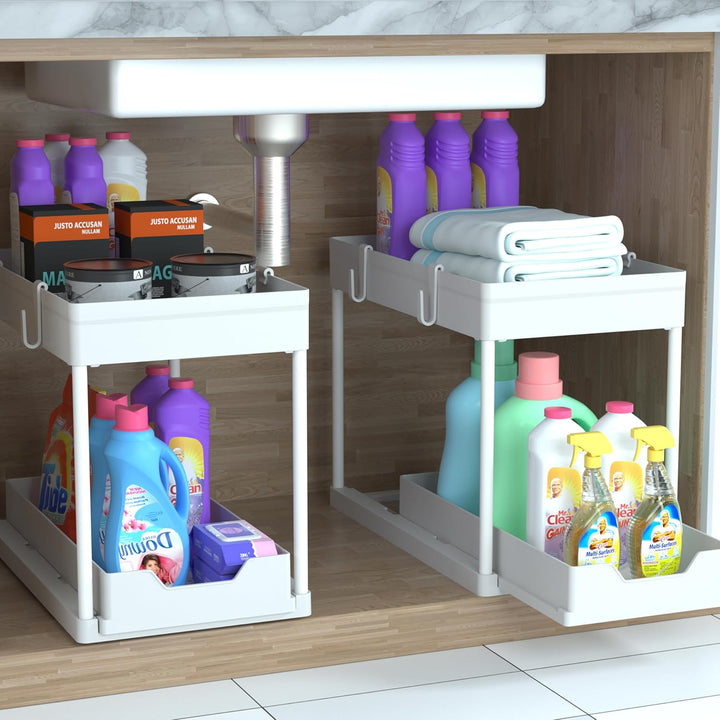 DEKAVA Küchen Organizer, 2 Unter Waschbecken Regal, Schrank Küchenorganizer mit 4 Haken, Schrankkorb