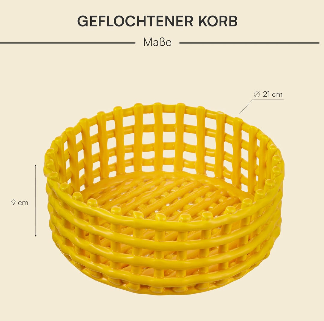 Baroni Home Mehrzweckkorb aus Keramik, Obstkorb, Tischdeko, Taschenleerer, rund, gelb, 21 x 21 x 9 c