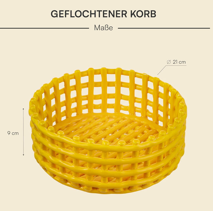 Baroni Home Mehrzweckkorb aus Keramik, Obstkorb, Tischdeko, Taschenleerer, rund, gelb, 21 x 21 x 9 c