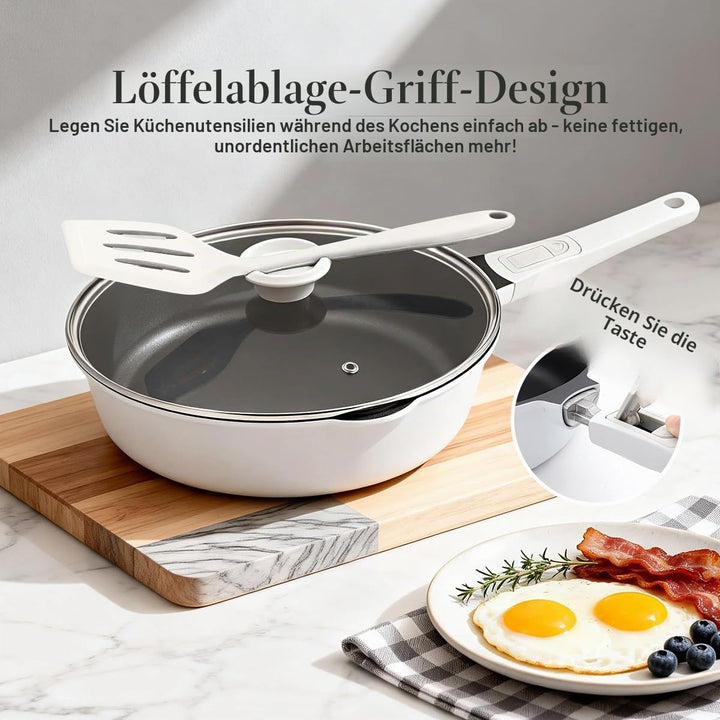 Pfanne 28cm mit Deckel, Aluminium Bratpfanne Hoher Rand mit Abnehmbarer Griff, Schmorpfanne 28 cm fü