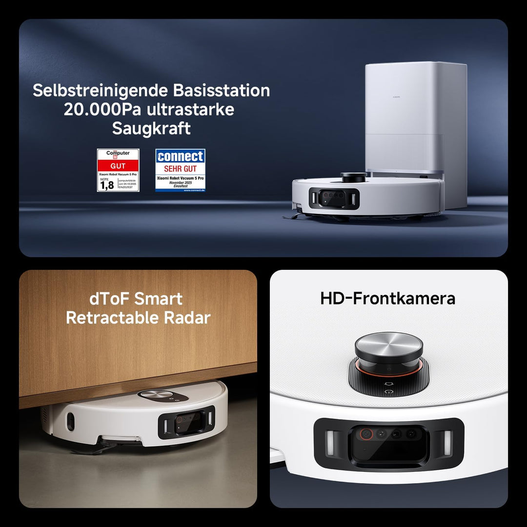 XIAOMI Robot Vacuum 5 Pro Saugroboter mit Wischfunktion, 20.000Pa, Ausfahrbarer Mopp &amp; Seitenbürste,