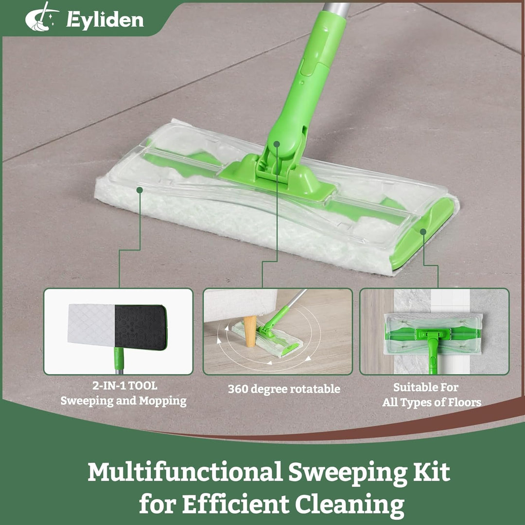 Eyliden Bodenwischer Starter-Set, 1 Stab + 24 Trockene Bodentücher + 12 Feuchte Bodentücher, 3-in-1