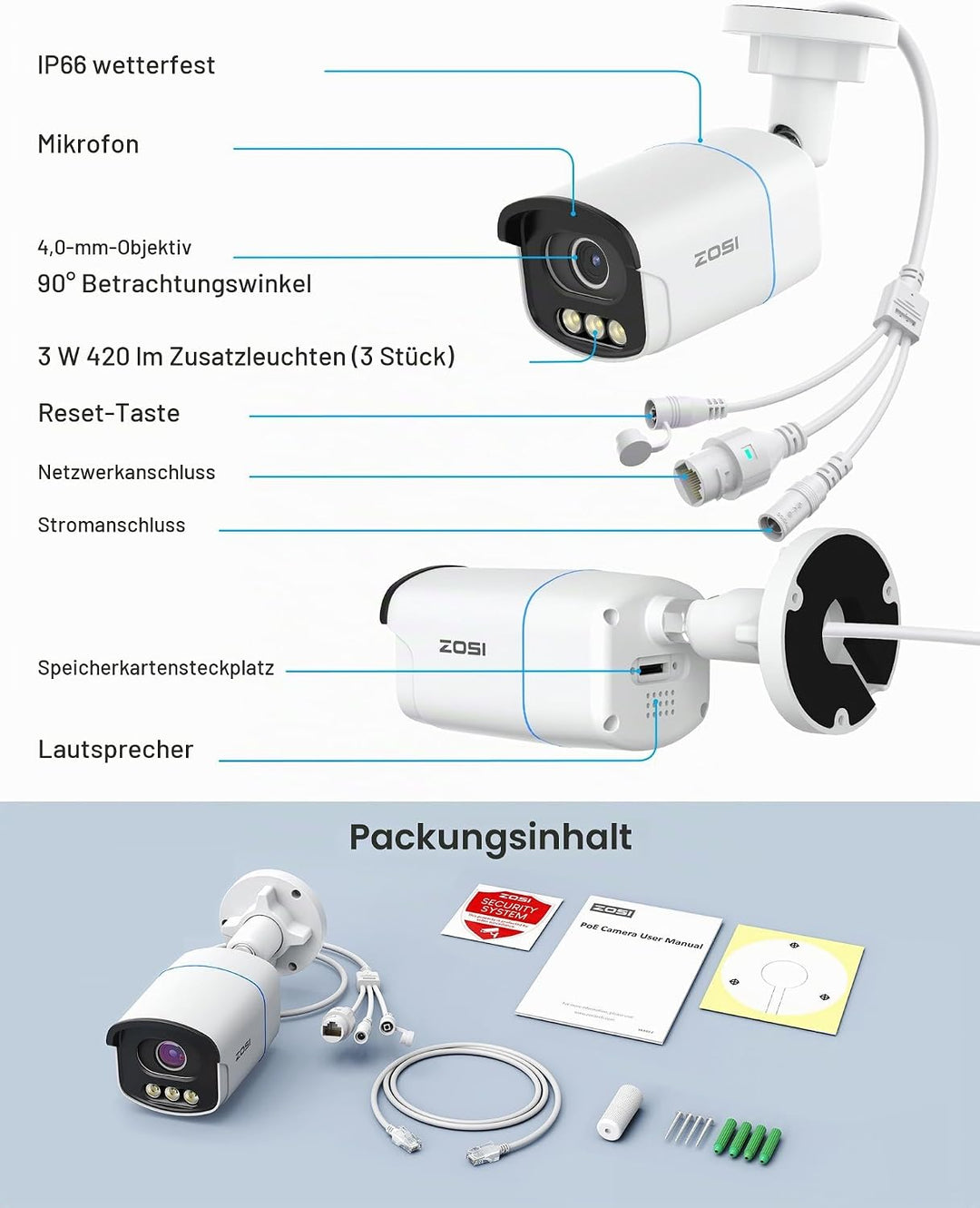 ZOSI 5MP 3K PoE Überwachungskamera Aussen, PoE Outdoor IP Kamera mit Echt Vollfarbnachtsicht, F1.0 G