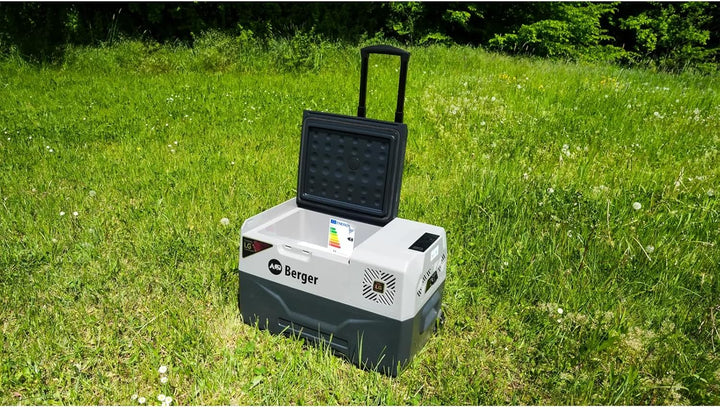 BERGER Kompressor Kühlbox B30-T 29 L │ 12V, 24V, 230V Stecker │ Elektrische Auto Kühlbox mit Rollen