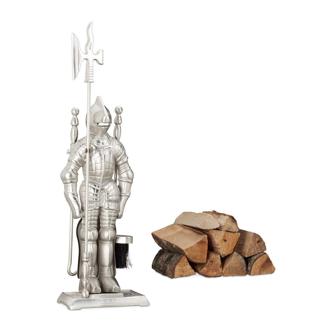 Relaxdays Kaminbesteck Ritter, Kamingarnitur Gusseisen, Kaminset 4 teilig, Schaufel, Besen, Schürhak