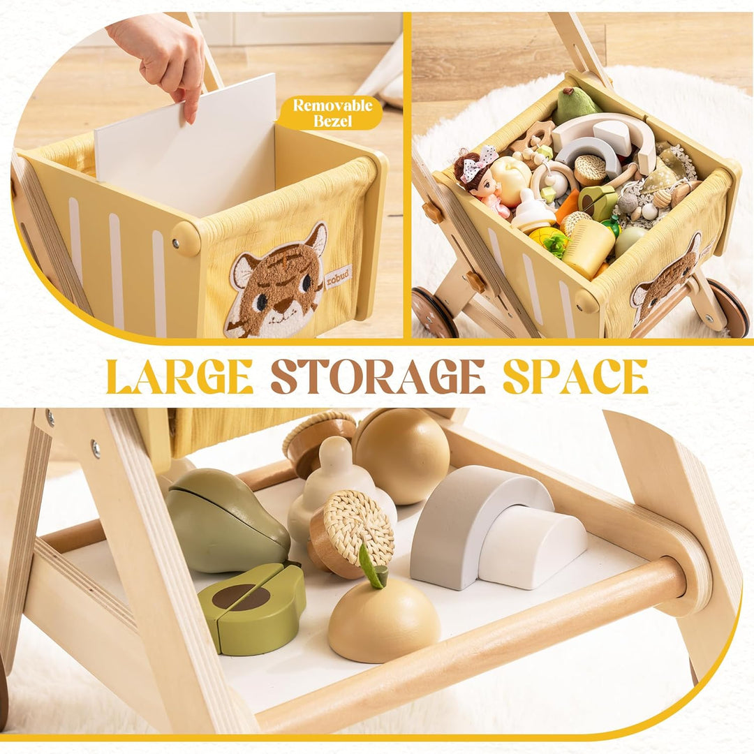 ROBUD Einkaufswagen aus Holz für Mädchen und Jungen, Baby Push Walker, höhenverstellbarer hölzerner