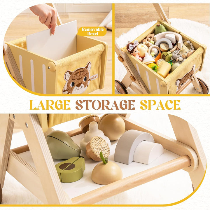 ROBUD Einkaufswagen aus Holz für Mädchen und Jungen, Baby Push Walker, höhenverstellbarer hölzerner