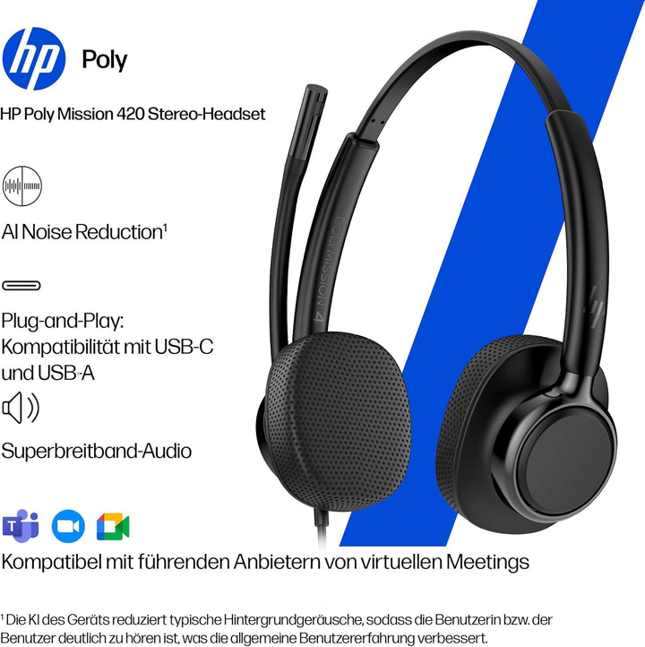 Poly Mission 420, USB‑C, KI‑basierte Geräuschunterdrückung, UC‑Zertifiziert, Schwarz Mission 420 Bin