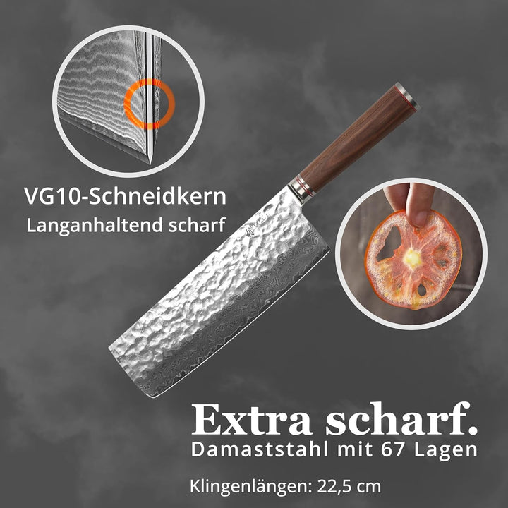 Wakoli Nussbaum Damastmesser Nakirimesser extrem scharfe 22,50 cm Klinge aus 67 Lagen I Damast Küche