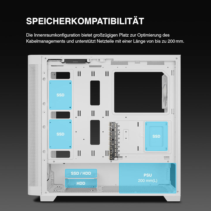 GAMDIAS Weisses ATX Mid-Tower-Computergehäuse aus gehärtetem Glas, Gaming-PC-Gehäuse unterstützt Dua