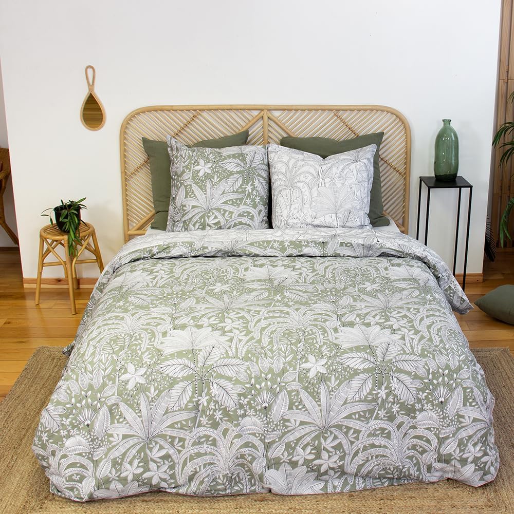 CÔTE DECO Bettwäsche, 220 x 240 cm, geometrisch und Blumen grün – 3-teilig | 1 Bettbezug für Erwachs