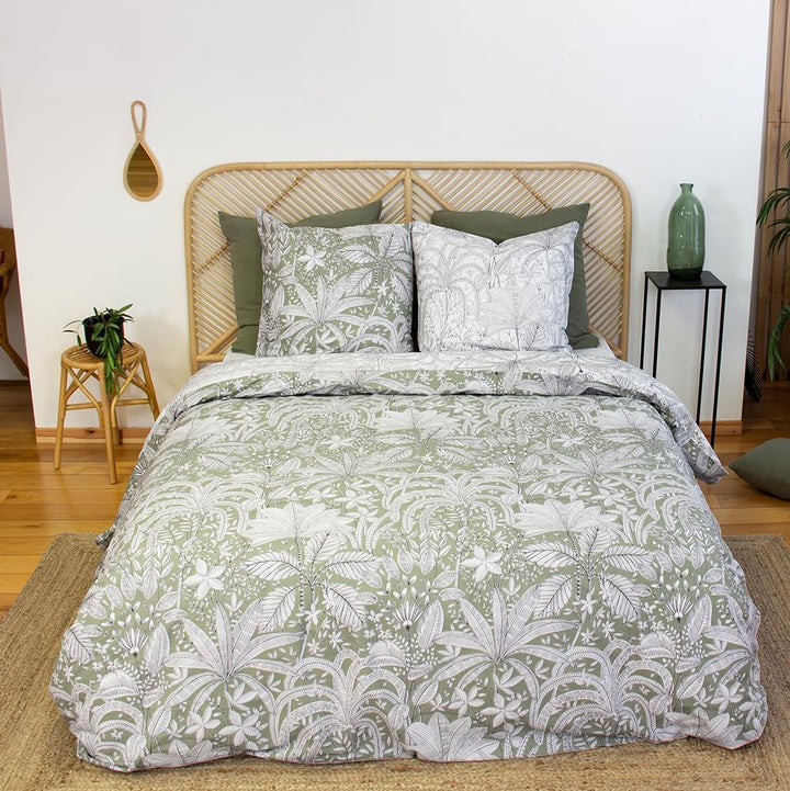 CÔTE DECO Bettwäsche, 220 x 240 cm, geometrisch und Blumen grün – 3-teilig | 1 Bettbezug für Erwachs
