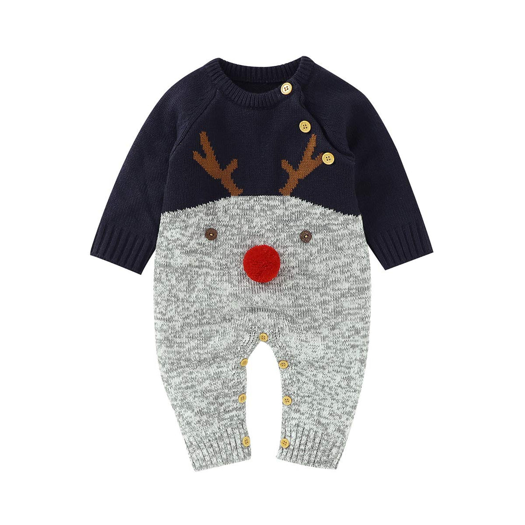 Neugeborenes Baby Mädchen Jungen Weihnachten Outfit Langarm Strick Strampler Overall Rentier Print B