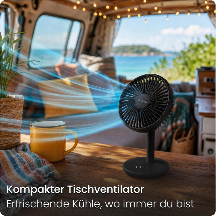 Tischventilator sehr leise - 7-Flügel USB Ventilator Akku 2000 mAh, Ø 14cm, 4 Modi, Naturwind, Bürst