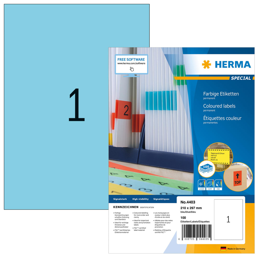 HERMA 4403 Farbige Etiketten blau, 100 Blatt, 210 x 297 mm, 1 Stück pro A4 Bogen, 100 Aufkleber, sel