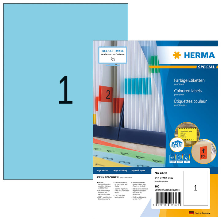 HERMA 4403 Farbige Etiketten blau, 100 Blatt, 210 x 297 mm, 1 Stück pro A4 Bogen, 100 Aufkleber, sel