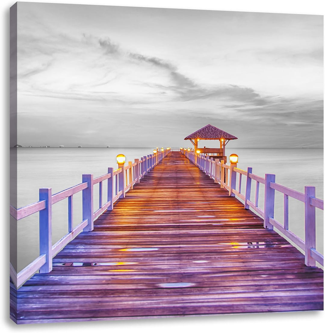 Pixxprint Steg ins Meer bei Sonnenuntergang Schwarz/Weiss, Format: 70x70 auf Leinwand, 70x70