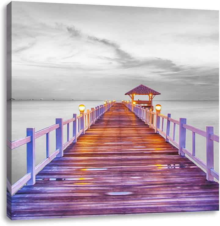 Pixxprint Steg ins Meer bei Sonnenuntergang Schwarz/Weiss, Format: 70x70 auf Leinwand, 70x70