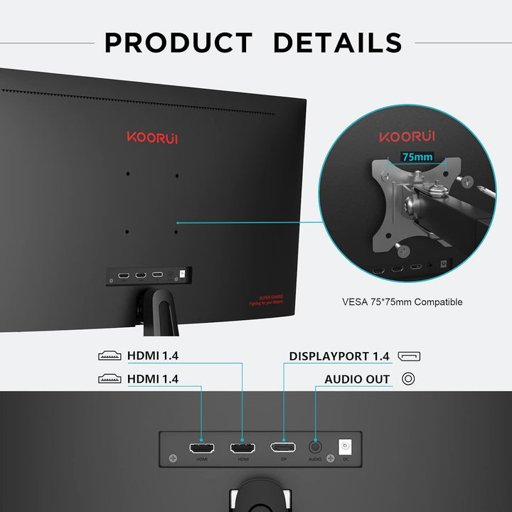 KOORUI Monitor 24 Zoll, Full-HD Gaming Monitor PC Bildschirm VA 1ms 165Hz Monitor, DCI-P3 85%, Adapt