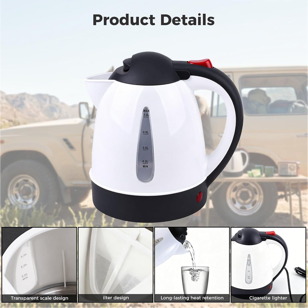 ITEFDTUTNE Wasserkocher Auto, 24v 250w 1L, Camping Wasserkocher mit Zigarettenanzünder-Stecker Autom
