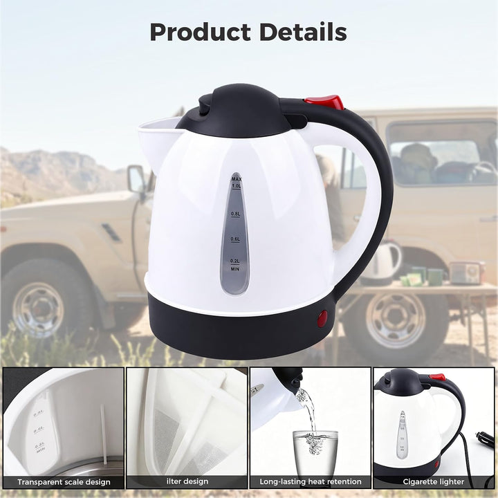 ITEFDTUTNE Wasserkocher Auto, 24v 250w 1L, Camping Wasserkocher mit Zigarettenanzünder-Stecker Autom