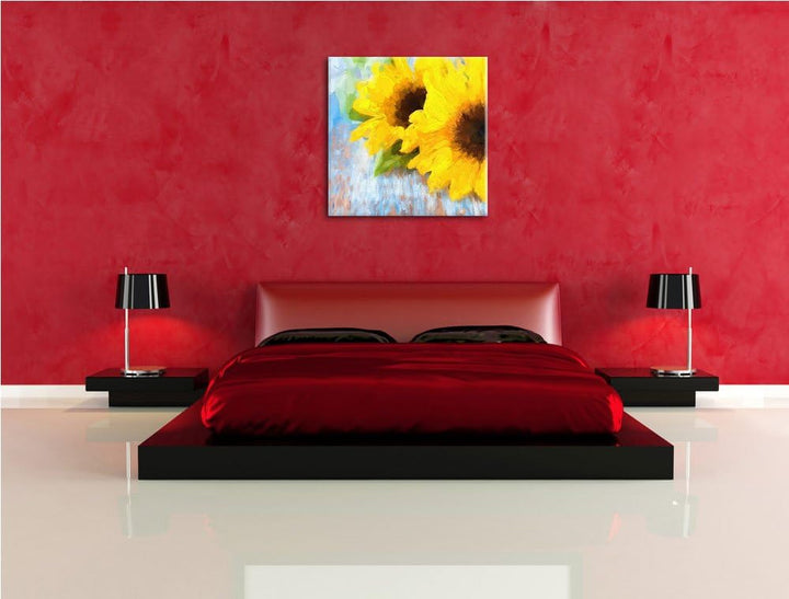 Pixxprint schöne Sonnenblumen auf Holztisch als Leinwandbild Quadratisch| Grösse: 70x70 | Wandbild|