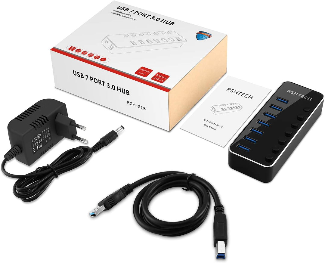 RSHTECH USB Hub Aktiv 3.0 mit Netzteil, Aluminium 7-Ports USB 3.0 Hub, USB 3.0 Port Verteiler für Da