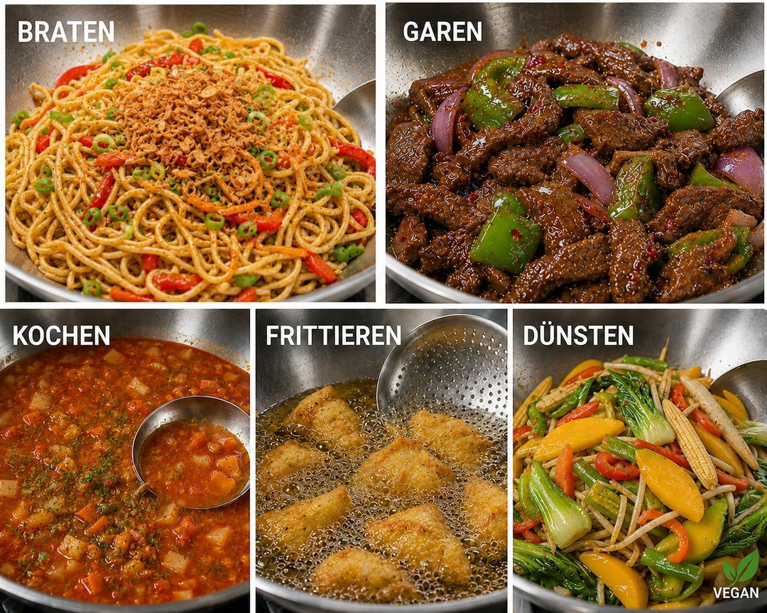 ⌀30 cm Wok Pfanne aus Edelstahl, unbeschichtet & langlebig, 3-lagiges Material für optimale Wärmever