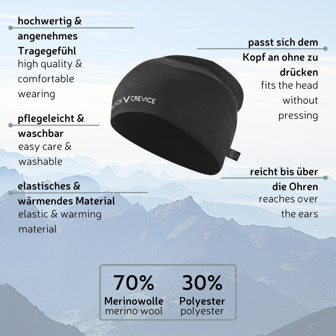 Black Crevice Merino Beanie I Stylische One Size Mütze I Hochwertige Unisex-Wintermütze aus 70% Meri
