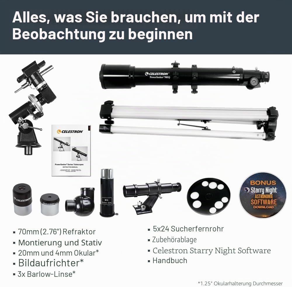 Celestron 21037 PowerSeeker 70EQ Refraktor – Schwarz, 70EQ Refraktor