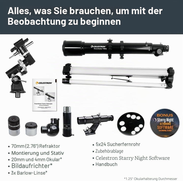 Celestron 21037 PowerSeeker 70EQ Refraktor – Schwarz, 70EQ Refraktor