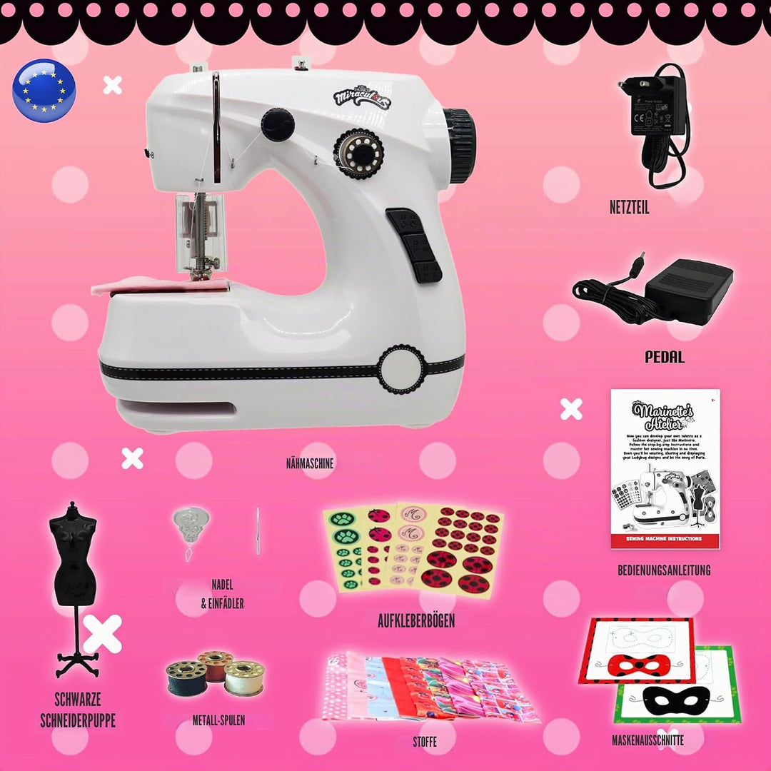 Miraculous Ladybug, Marinette Mini-Nähmaschine – für Kinder, doppelte Geschwindigkeit, tragbar, mit