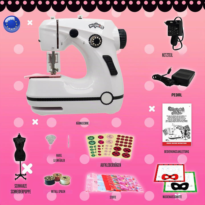 Miraculous Ladybug, Marinette Mini-Nähmaschine – für Kinder, doppelte Geschwindigkeit, tragbar, mit