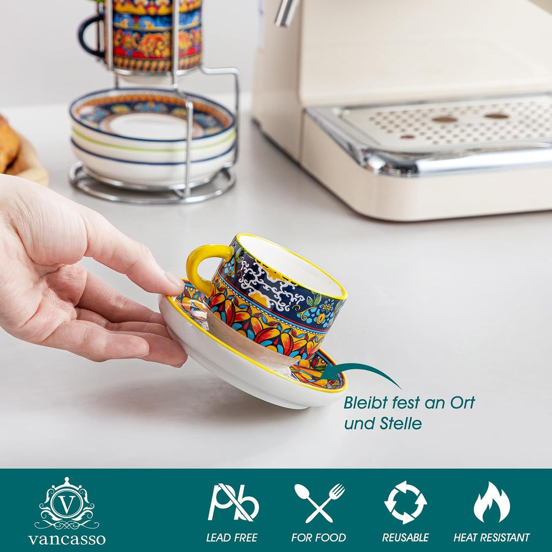 vancasso Espressotassen 4er Set, 90 ml Kaffeetassen mit Untertassen &amp; Metallständer, Stapelbar Dickw