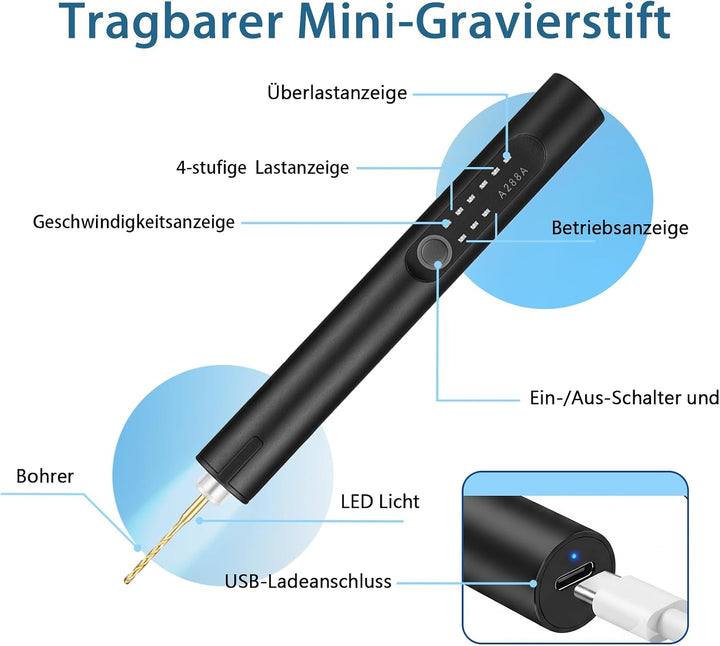 Elektrischer Mini-Gravierstift mit LED Licht 16 Zubehörteile Glasgravur Set | Tragbarer gravur stift