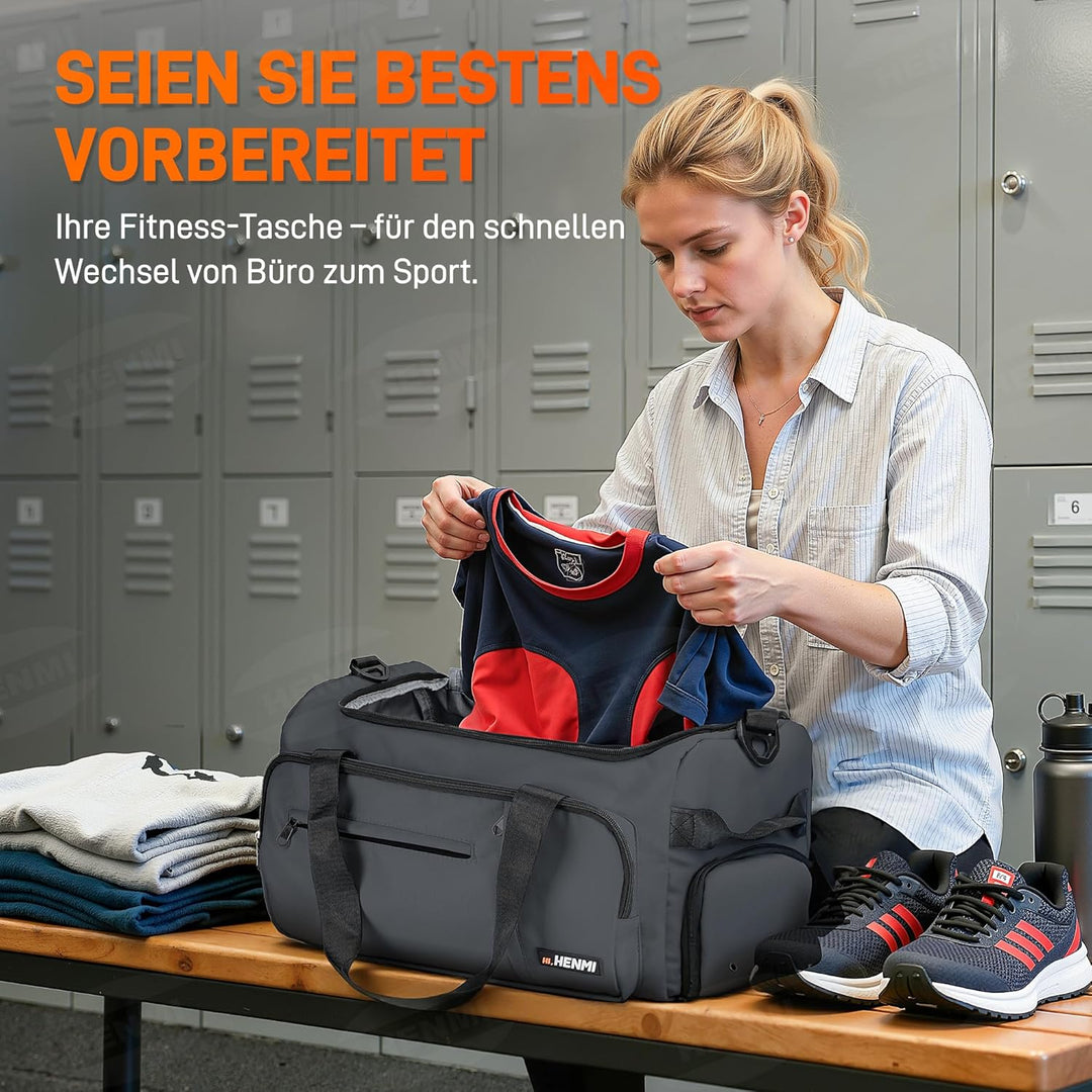 HENMI Sporttasche &amp; Reisetasche für Herren und Damen, 43L Gross gymbag mit Schuhfach und Nassfach, F