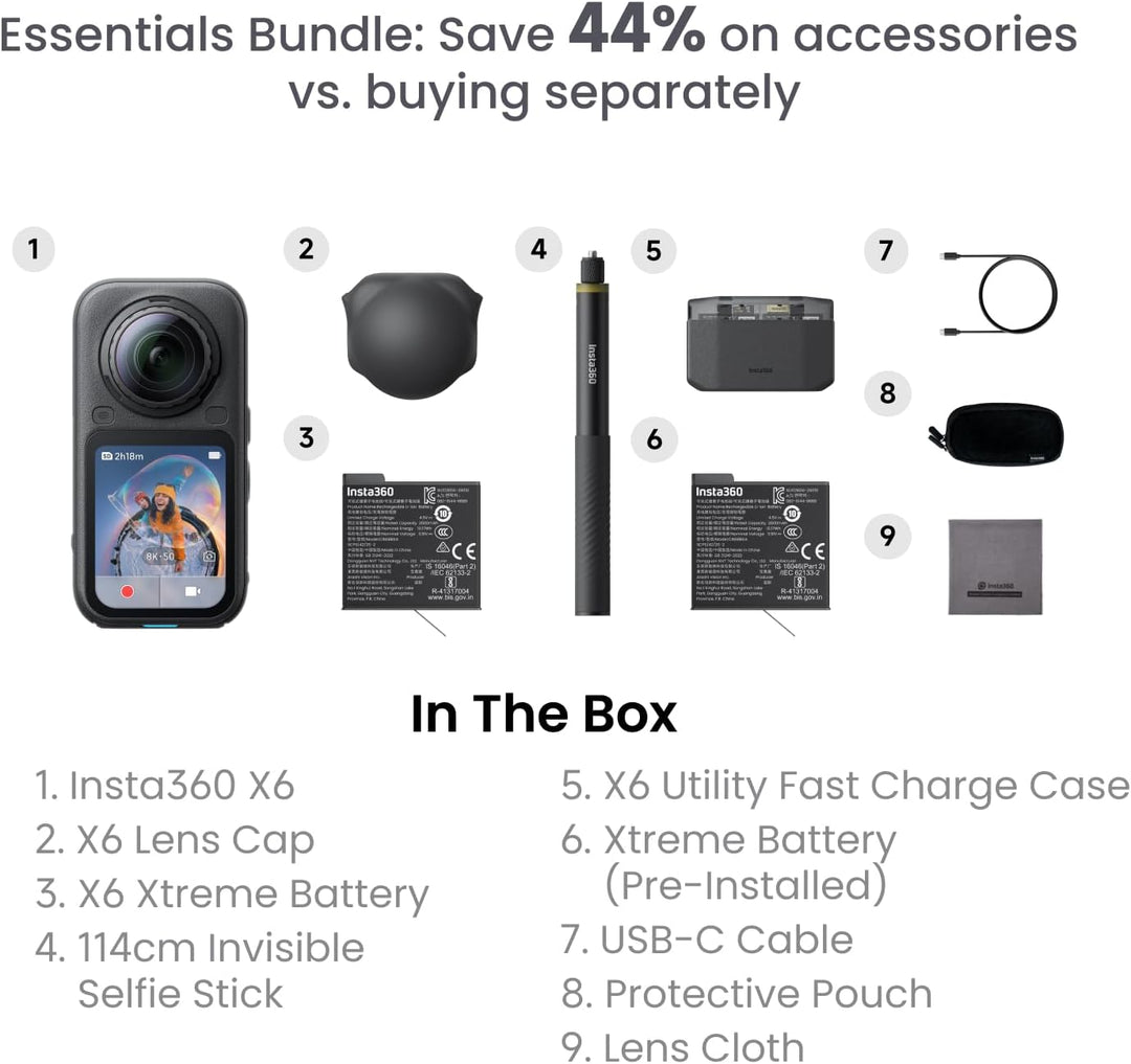 Insta360 X6 Essentials-Bundle – 8K 360 Grad Kamera mit 1/1,1"-Sensoren Polarweiss Essentials-Bundle,