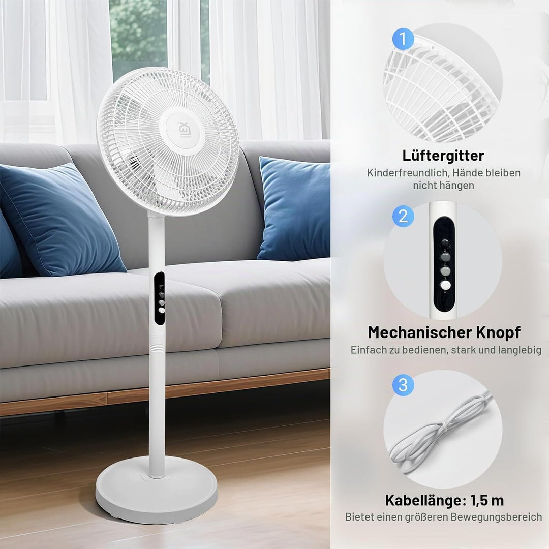 EXTRASTAR Standventilator 12 Zoll mit 3 Windstufen, 70° automatischer Schwenkfunktion &amp; 10° manuelle