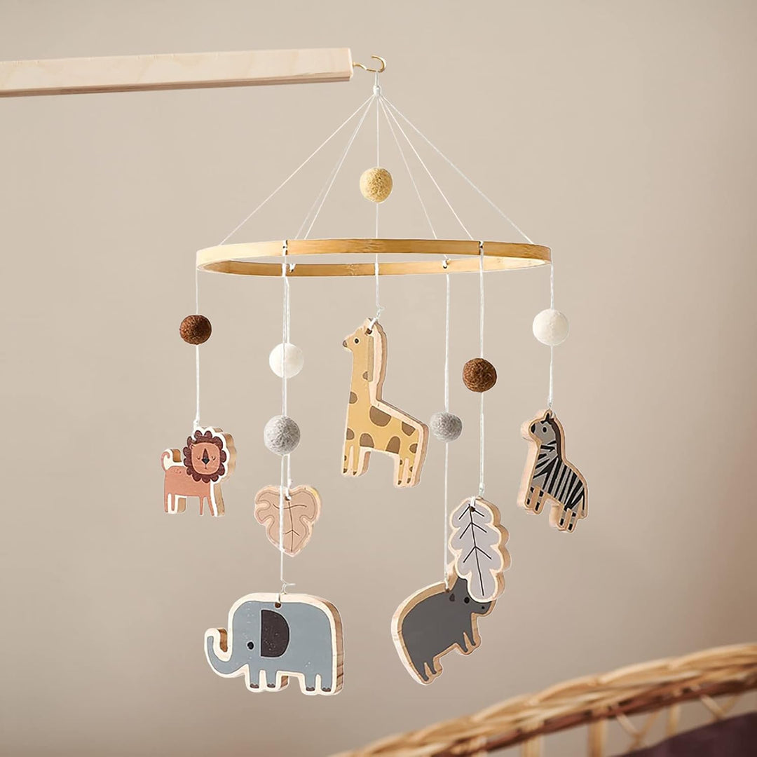 Baby Mobile Baby Windspiele, Babybett Mobile Holz mit Filzbällen Giraffe Löwe Tiere, Hängende Bettgl