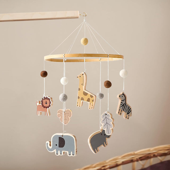 Baby Mobile Baby Windspiele, Babybett Mobile Holz mit Filzbällen Giraffe Löwe Tiere, Hängende Bettgl