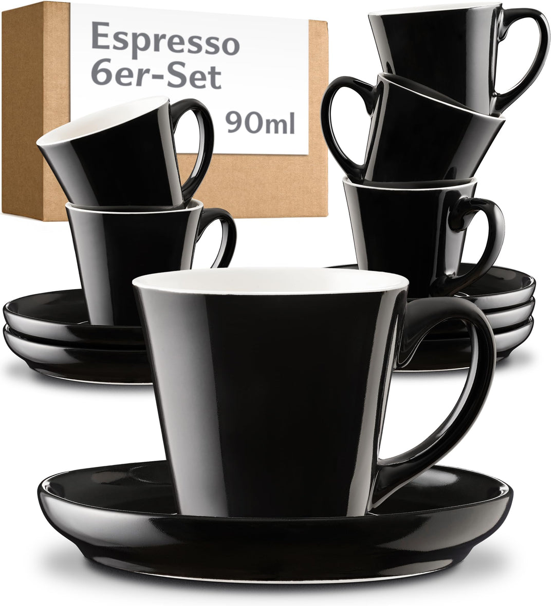 Cosumy Espressotassen Set 6er Schwarz mit Untertassen - Keramik - Hält Lange Warm - Mokkatassen Stap