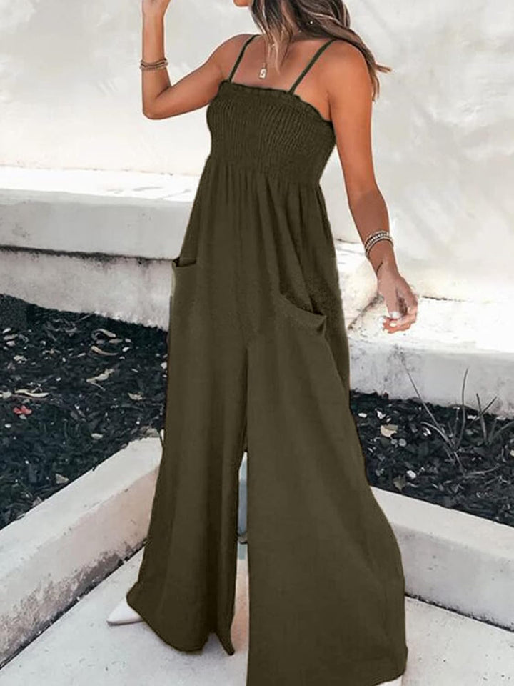 CUPSHE Damen Jumpsuit Square Neck Ärmellos Weites bein Sommer Lang Overall Romper Gesmokter Spaghett