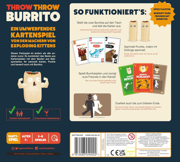 Asmodee Exploding Kittens, Throw Throw Burrito (Auflage 2022), Partyspiel, Kartenspiel, 2-6 Spieler,