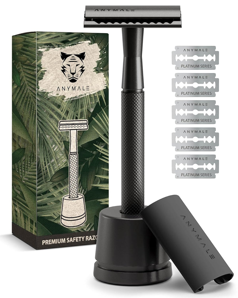 ANYMALE® Rasierhobel Black Edition - Set mit Ständer und 5 ASTRA Klingen - Zero Waste Rasierer für D