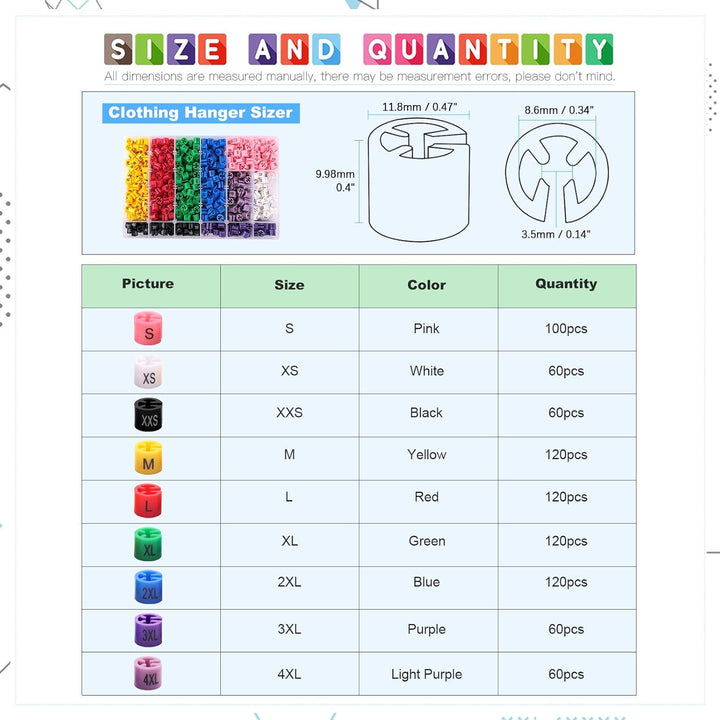Glarks 820 Stück, 9 Farben, XXS – 4XL, farbige Kleidergrössenmarkierer, farbcodierte Grössenclips, S